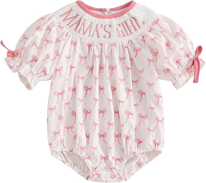 Newborn Baby Girl Romper Mamas Mini Bow Plaid Print Puff Sleeve Smocked Bubble Romper Jumpsuit Bodysuit Clothes