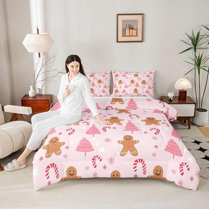 Feelyou Cute Gingerbread Man Comforter Set Pink Christmas Tree Bedding Set with 1 Pillow Cases Candy Cane Kids Toddler Snowflake Room Decor Christmas Duvet Quilt Breathable Soft Lightweight