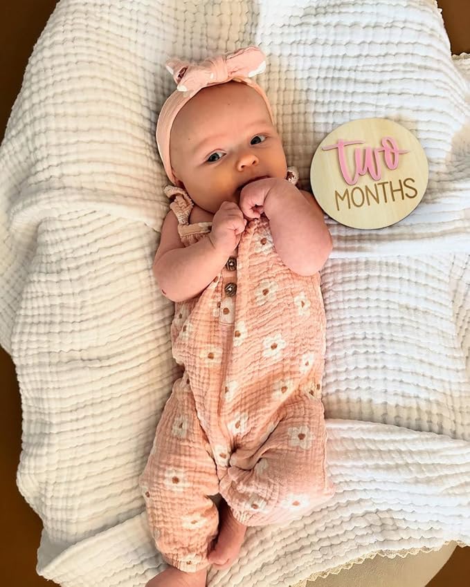 Monthly Baby Milestone Cards for Girls – 13 Wooden 3D Milestone Discs with Hello World Birth Announcement Sign – Newborn Photo Props for Baby Girl