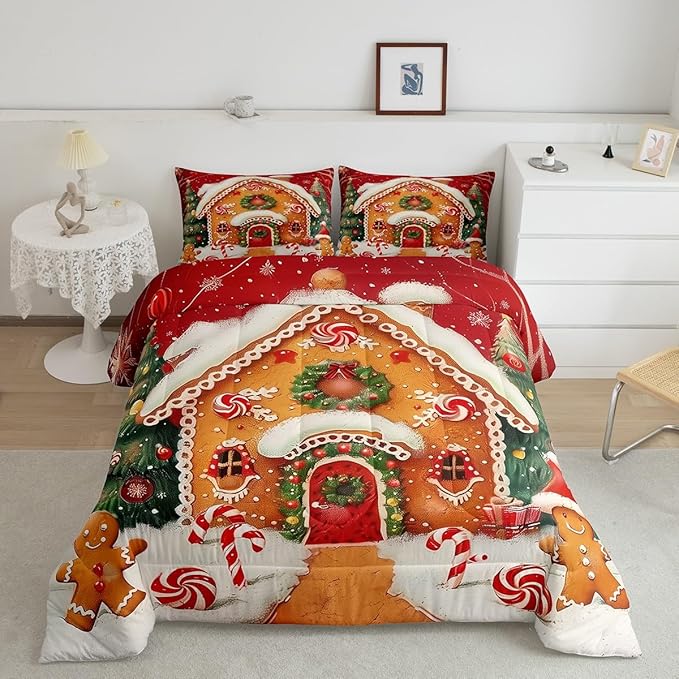 jejeloiu Kids Christmas Theme Comforter Set Toddler Xmas Tree Gingerbread Man Bedding Set for Boys Girls Teens Candy Cane House Winter Happy New Year Duvet Quilt Room Decor