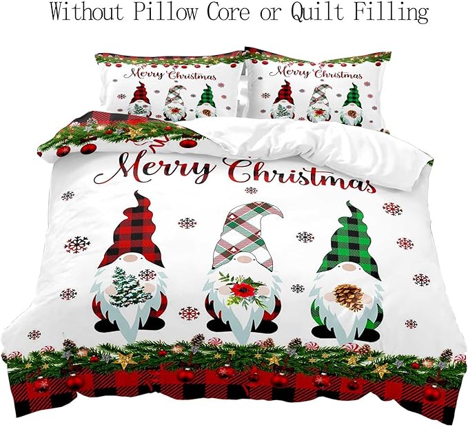 LUVIVIHOME 3PCS Christmas Gnome Duvet Cover Full, Christmas Bedding, White Duvet Cover, Holiday New Year Santa Claus Snowflake Black Red Checkered Buffalo Plaid Comforter Quilt Cover, 2 Pillow Cases