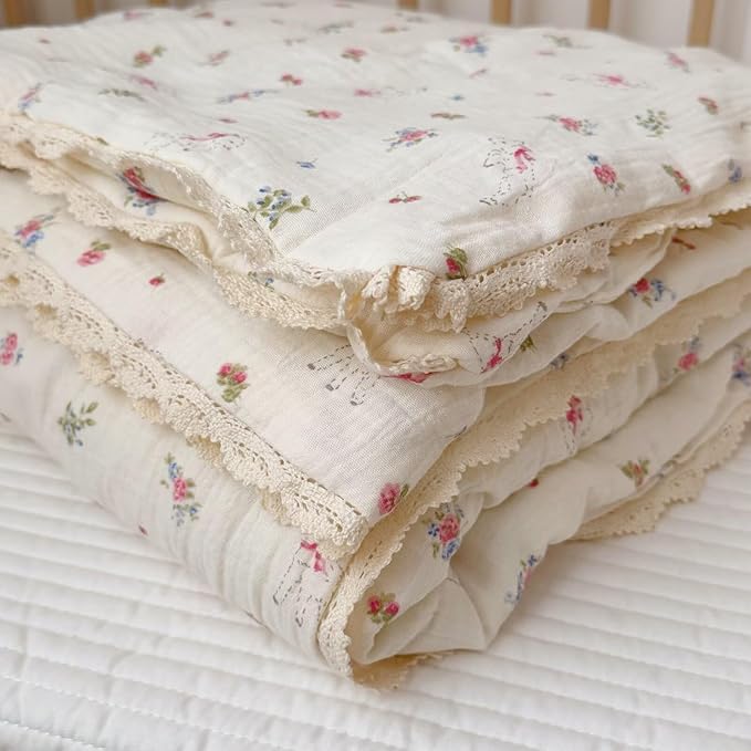BuLuTu 100% Cotton Muslin Toddler Quilted Blanket for Girls Boys, Crib Toddler Bed Blankets with Cute Sheep Pink Flowers Print, Soft Lightweight Comforter for Young Children, 47x59 Inches