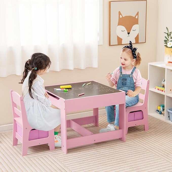 HONEY JOY Kids Table and Chairs, 3-in-1 Children Wooden Activity Set with Storage, Detachable Tabletop, for Art, Craft, Drawing, Reading, Gift for Toddlers Boys Girls 3-7 Years Old (Pink)