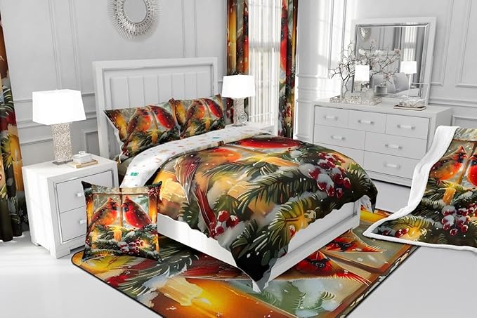 Feelyou Merry Christmas Kids Comforter Set Queen Size Cardinal Bedding Set Winter Bird Duvet Quilt for Kids Boys Girls Bedroom Red Berries Decor Microfiber Ultra Soft Breathable