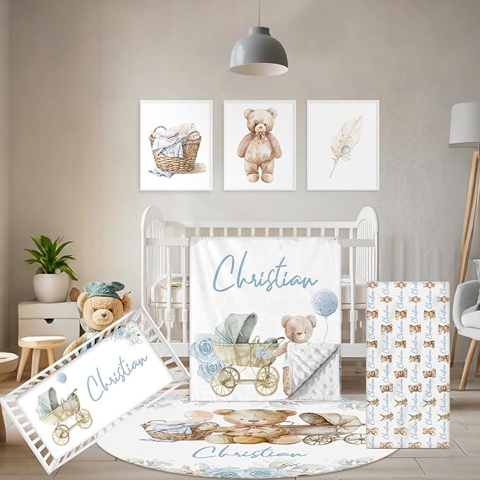 Personalized Toddler Bedding Set, 5 Pcs Custom Name Crib Bedding Set for Girls Boys, Blue Bear Flannel Baby Crib Bedding Set, Double Layer Baby Crib Set, Customized Gifts for Infants Toddlers