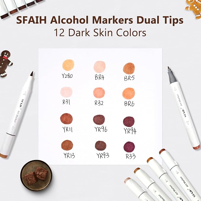 SFAIH Skin Tone Alcohol Markers Brush & Fine - 12 Dark Portrait Colors, Blendable & Refillable Permanent Art Markers for Adults/Teen/Artists/Creators & Illustrators