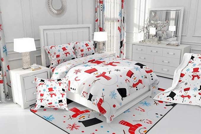 Feelyou Merry Christmas Comforter Set All Season Snowman Bedding Set with 2 Pillow Cases Winter Holiday Microfiber Kids Queen Bedclothes New Year Gift Bedroom Decor Duvet Quilt Soft Lightweight