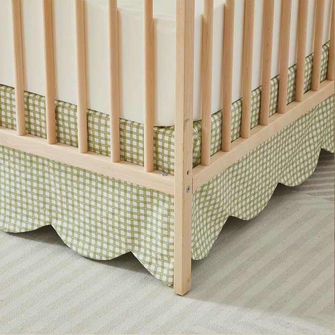 Brandream Scallop Edge Cotton Crib Skirt, Baby Boy Girl Gender Neutral Crib Skirt Toddler Bedskirt Farmhouse Chic Nursery Crib Bed Skirt, Boho Bohemian Green Gingham