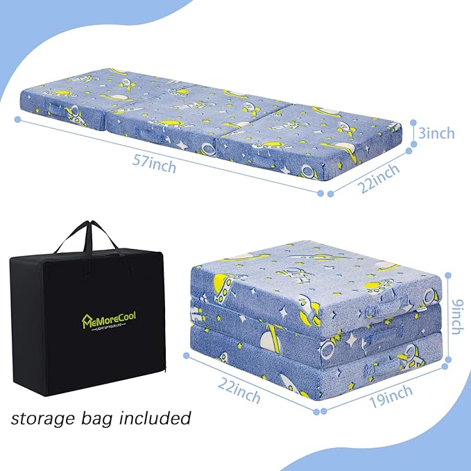 MeMoreCool Foldable Floor Mattress for Kids, Glow Toddlers Trifold Nap Mat, Kids Folding Mattress Portable Sleeping Futon for Daycare or Floor Bed, 57x22 Inch Blue
