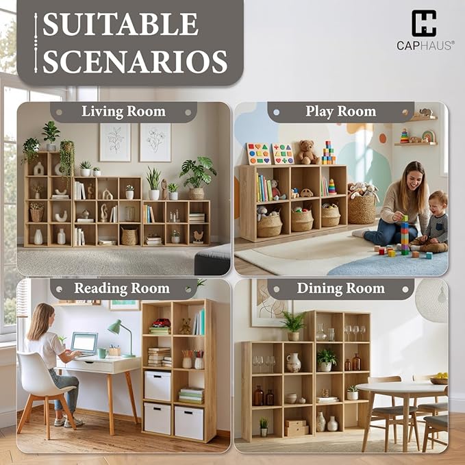 CAPHAUS 11-Inch Cube Storage Organizer Shelf, Home Storage Shelf Divider w/Back, 8-Cube Storage Bookcase, Natural Oak