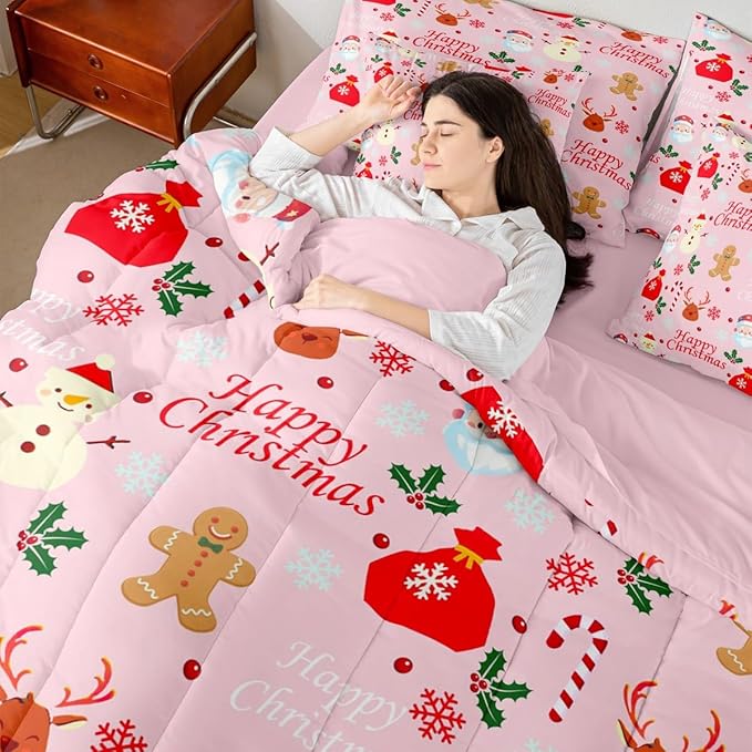 Christmas Deer Queen Comforter Set with Sheets for Kids Boys Girls Cute Gingerbread Man 7 Pieces Bedding Set Christmas Santa Claus Bed in a Bag Reversible Pink Decor Room Decor Soft Lightweight