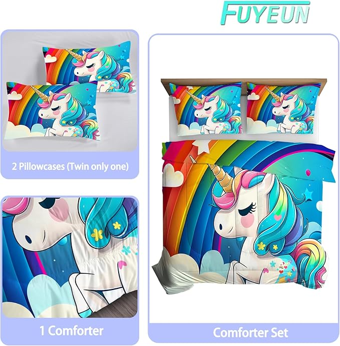 Rainbow Unicorn Comforter Set Queen Size for Girls Kids Children Teens Boys Cartoon Unicorn Bedding Light Blue Quilt 1 Comforter + 2 Pillowcases