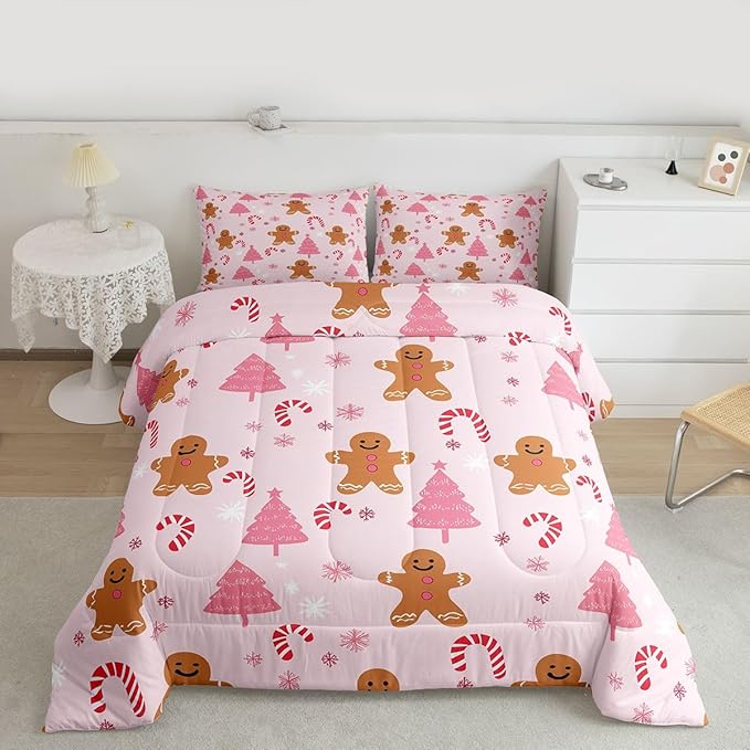 Feelyou Cute Gingerbread Man Comforter Set All Season Pink Christmas Tree Bedding Set with 2 Pillow Cases Candy Cane Kids Queen Snowflake Room Decor Christmas Duvet Quilt Breathable Soft Lightweight