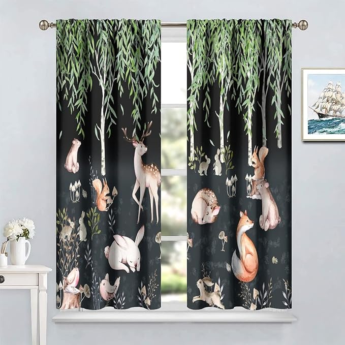 Forest Animal Curtains, Watercolor Cartoon Woodland Plants Animals Bears Moose Mushrooms Printed Curtains for Kids Boys and Girls Bedroom Window Drapes 55x63in