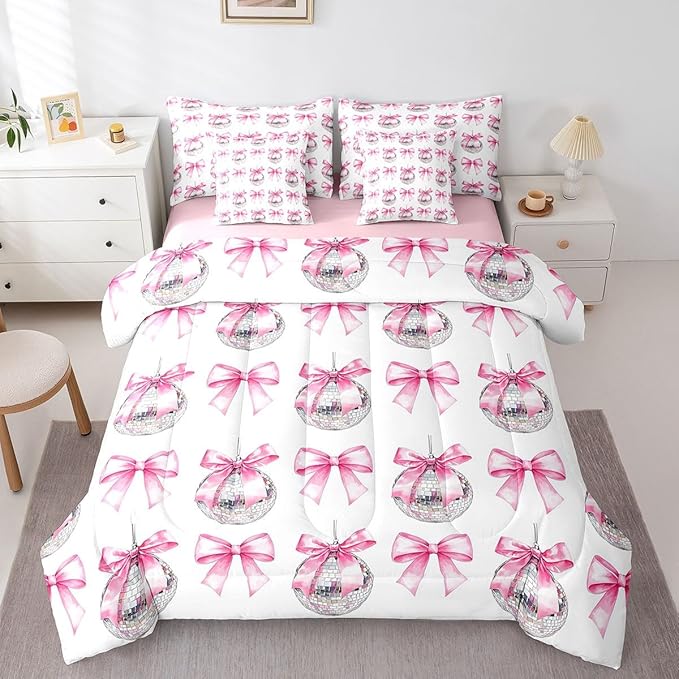 7 Pieces Cartoon Bowknot Kid Comforter Queen,Bow Tie Butterfly Knot Princess Bedding Set,Western Cowgirl Disco Ball Retro Pink White（Comforter+Fitted+Flat Sheet+2 Pillowcases+2 Throw Pillow Covers）