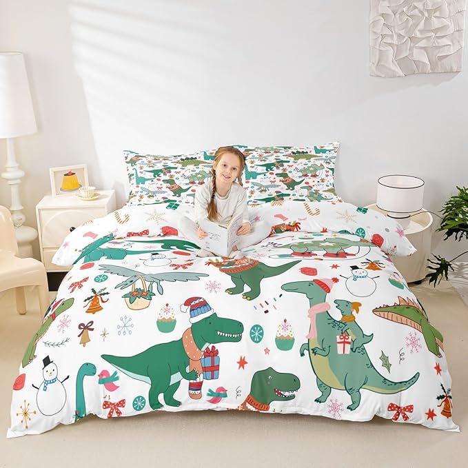 Christmas Dinosaur Decorative Comforter Cover Full Size Cartoon Snowman Duvet Cover Xmas Bow Snowflake Bedding Set Gifts for Kids Boys Girls 2 Pillow Cases