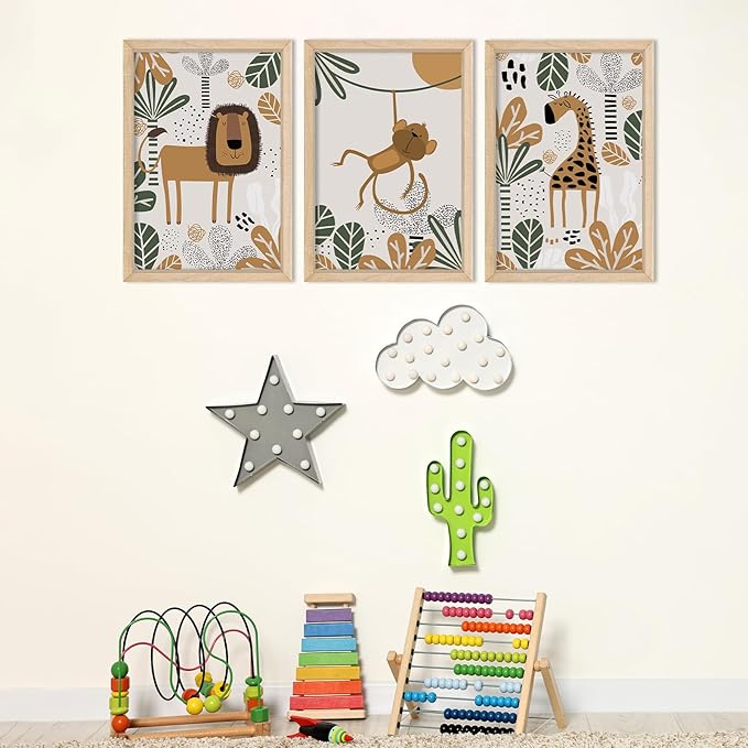 YWJKWLGS Kids Safari Animal Wall Decor, 3 Piece Nursery Art for Baby Room 11"x16" Jungle Theme Cute Lion Monkey Giraffe Prints Sign Wood Framed for Children's Room Toddler Bedroom Decoration (Wood)