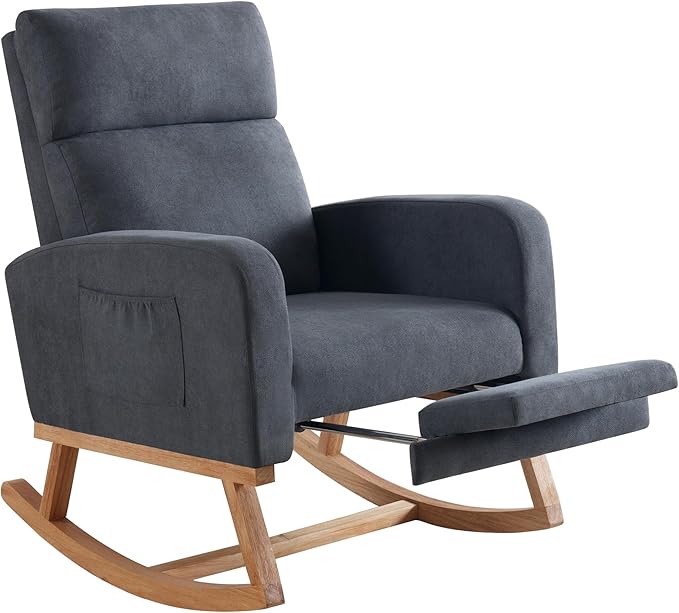 Rocking Chair Nursery, Nursing Rocking Chairs with Foot Rest for Mom Nursery, Rocker Glider Chair with Footrest and High Backrest for Living Room, Bedroom, Dark Gray