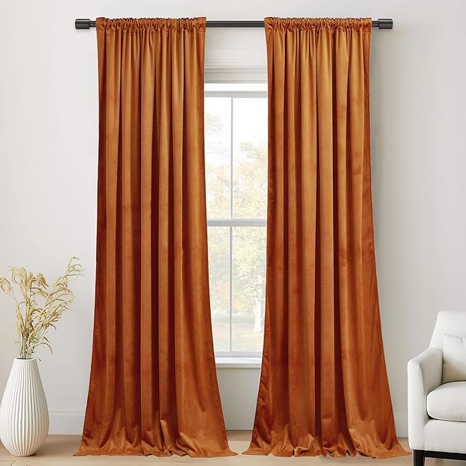 StangH Orange Velvet Curtains 96 inches, Back Tab Heavy Thick Living Room Drapes Light Blocking Privacy Protect Curtain Panels for Bedroom/Backdrops, W52 x L96, 2 Panels
