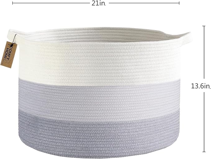 COMFY-HOMI XXXL Large Laundry Basket, Cotton Rope Nursery Woven Basket for Storage, Blanket Baskets Living Room Laundry Hamper, Dog Toy Storage Organizer, Home Decor-21''x21''x13.6''-White and Grey