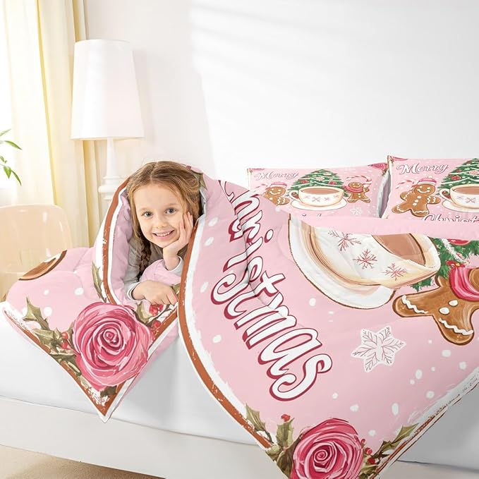 Feelyou Merry Christmas Comforter Set Toddler Size Gingerbread Man Bedding Set for Kids Boys Girls Xmas Duvet Quilt Christmas Decor Bedroom Decor Microfiber 2 Pcs with 1 Pillow Cases