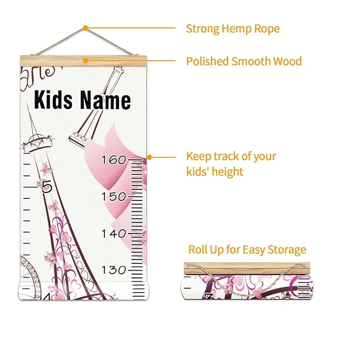 Personalized Kids Name Growth Chart Ruler for Wall Wood Frame Height Measure Chart 13.4x56 in Linen Hanging Height Growth Chart Paris Eiffel Tower Pink Retro Kids Room Decor