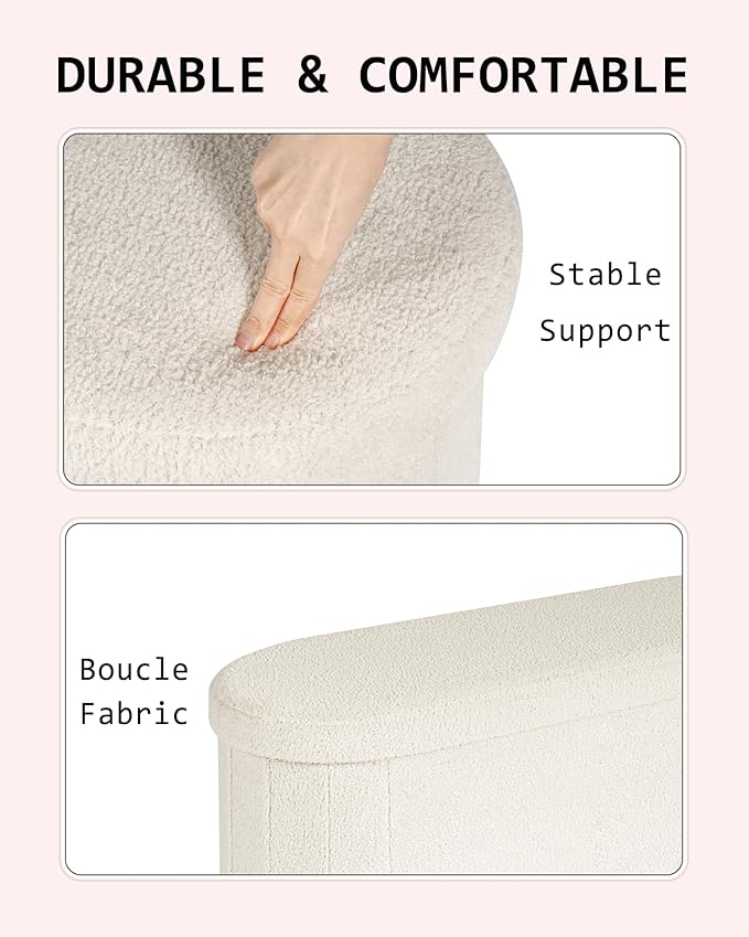 Storage Ottoman Bench, 43.3 Inches Oval Ottoman with Storage, Teddy Boucle Foot Rest, Large Folding Ottoman Bench for Living Room, Entryway, Bedroom, White