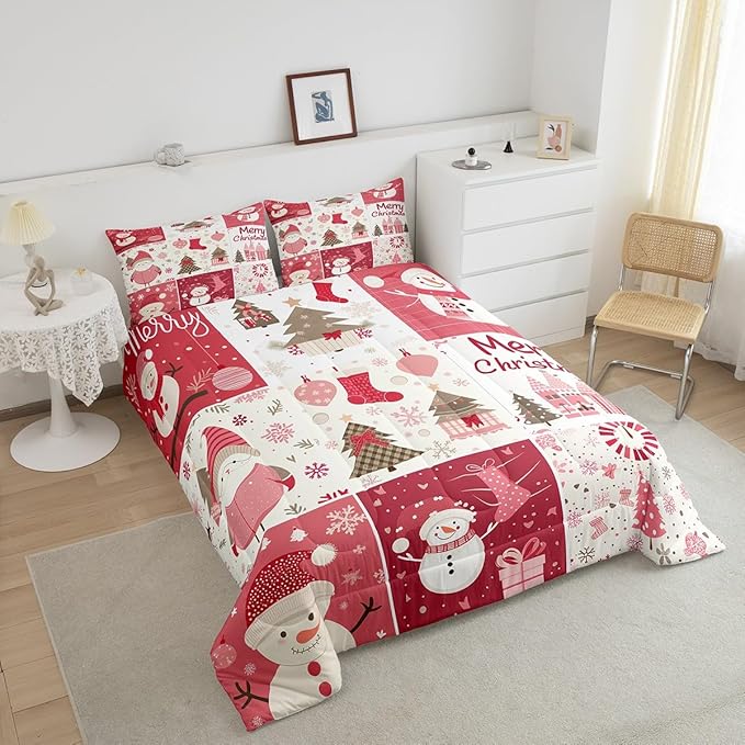 Christmas Tree Bedding Set Full Size,Merry Christmas Comforter Set for Kids Boys Girls Room Decor,Snowman Christmas Tree Snowflake Duvet Insert 3Pcs,Cartoon Plaid Patchwork Quilt Set,2 Pillowcases