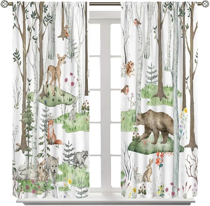 YCness Woodland Animals Curtains, Wild Animals Watercolor Forest Bear Deer Fox Rabbit Floral Nature Window Treatments for Bedroom Kitchen Nursery Living Room Drapes, 63x72 Inch