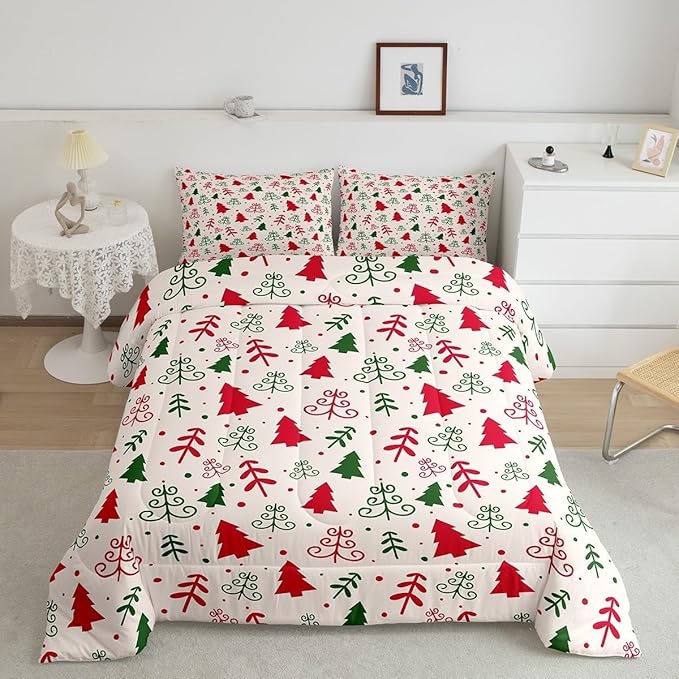 Christmas Trees Comforter Set Toddler Size,Red Green Pine Plant Cute Hand Sketch Bedding Set for Kids Girls Boys Bedroom,Winter Xmas Natural Botanical Kawaii Quilted Set with 1 Pillowcase