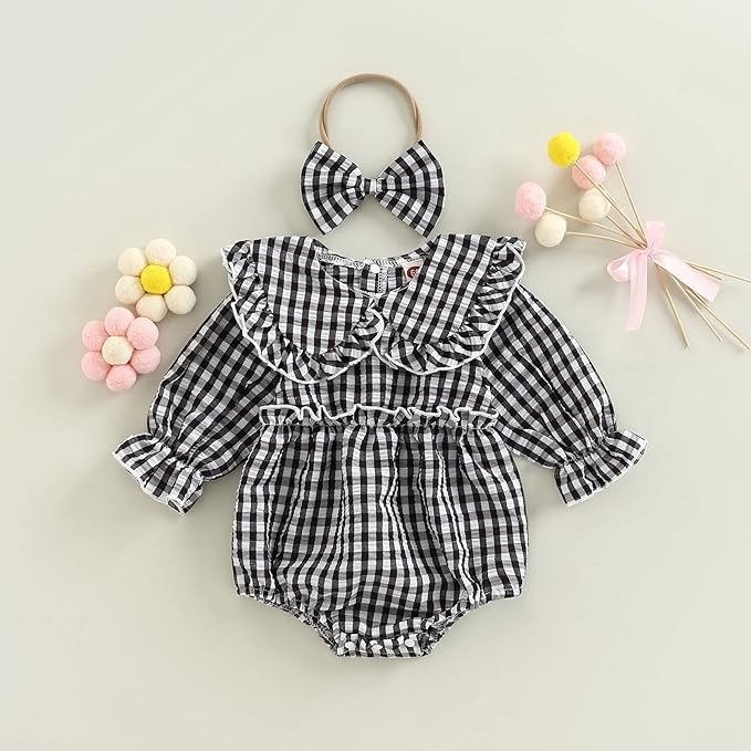 Karuedoo Newborn Baby Girl Clothes Gingham Plaid Bubble Romper Long Sleeve Ruffle Bodysuit with Headband Spring Fall Outfit