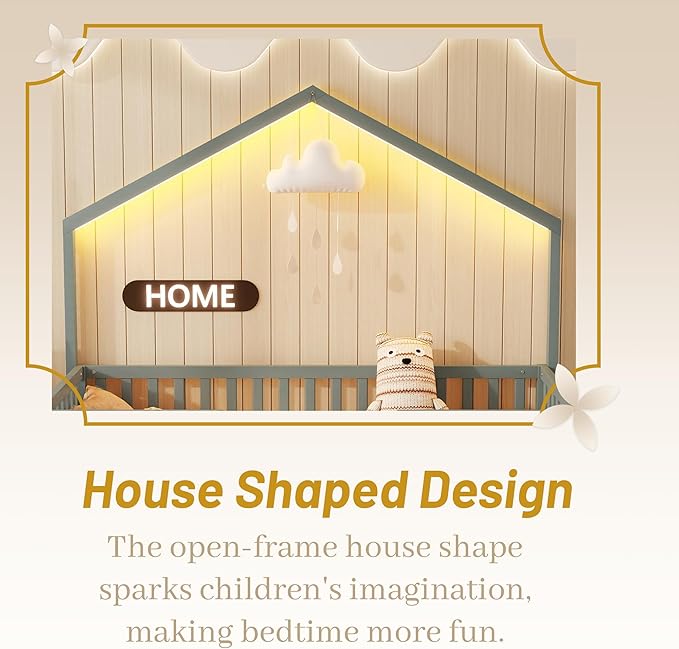 Twin Size House Bed for Kids, Low Profile Montessori Bed Twin with High Railings, Wood House Shape Montessori Beds with Light & Roof for Kids, Gray