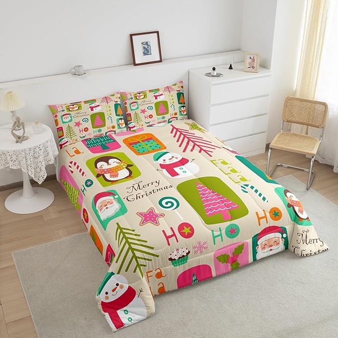 Erosebridal Xmas Decor Quilts Kids Santa Claus Christmas Tree Comforter Set Boys Girls Bedroom, Cartoon Snowflake Bedding Set Cute Snowman Down Comforter King Size