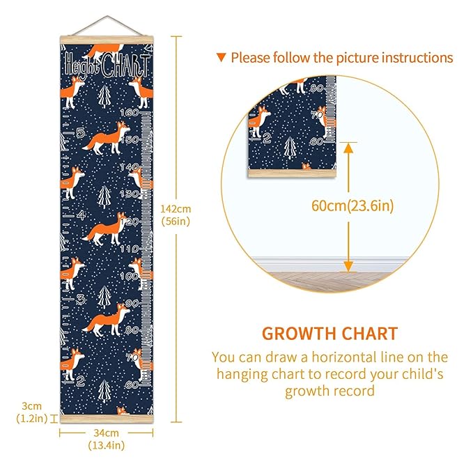 Kids Growth Chart Ruler for Wall Wood Frame Height Measure Chart 13.4x56 in Linen Hanging Height Growth Chart Small Foxes Kids Room Decor