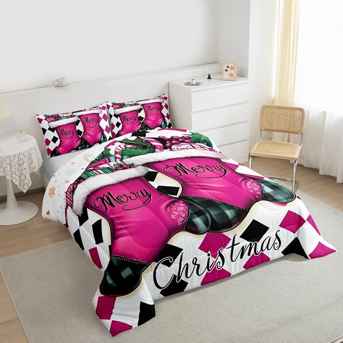 Feelyou Merry Christmas Comforter Set All Season Cartoon Shoes Bedding Set with 1 Pillow Cases Microfiber Kids Toddler Bedclothes Winter Bedroom Decor Duvet Quilt Breathable Soft