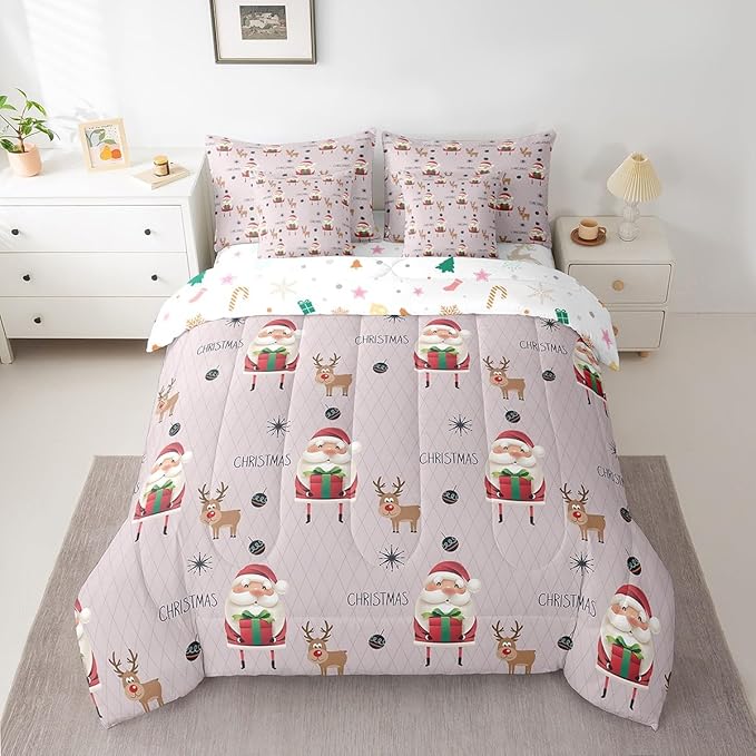 Santa Claus Bed Set Christmas Deer Bed in a Bag for Kids Boys Girls Winter Snowflake Comforter Set with Sheets Merry Christmas Khaki Bedding Set Bedroom Collection King Size