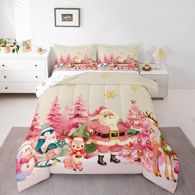 jejeloiu Merry Christmas Comforter Set Queen Size Santa Claus Bedding Set for Kids Boys Girls Cute Deer Duvet Quilt Beige Bedroom Decor