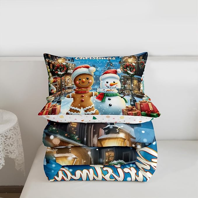Gingerbread Man Kid Comforter Set Queen Size,Cute Snowman Merry Christmas Bedding Set,Girl Boy Room Decor,Snowflake Xmas Poinsettia Quilt Comforter,Blue Brown Duvet Set Bedroom Quilt Set,2 Pillowcases