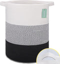 BOSROTY Large Laundry Hamper for Girls Boys Kids 72L, Nursery Hamper, Tall Laundry Basket, Cotton Rope Woven Blanket Basket for Storage Toys Clothes Towels, 16”x 22”, White & Gray & Black