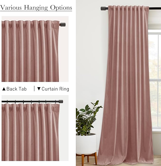 StangH Dusty Pink Curtains 92 inches Long Super Soft Velvet Room Darkening Thermal Insulated Kids Bedroom Window Drapes Back Tab Elegant Decor for Living Room, W52 x L92, 2 Panels