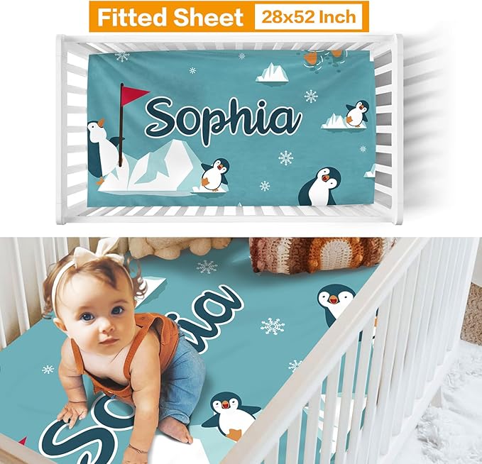 Custom Crib Bedding Set - Penguin Design Personalized Name Baby Nursery Bedding 3 Pcs Set - Chic Soft Blanket, Sheet, Pillowcase for Newborns Boys Girls Gifts Color15