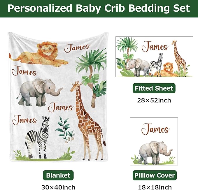 Personalized Baby Crib Bedding Set,3 Piece Custom Name Nursery Set with Blanket, Fitted Sheet & Pillowcase for Baby Girls & Boys, Safari Animals Theme(Fixed Size)