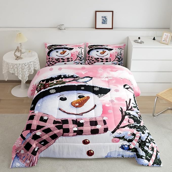 Feelyou Kids Christmas Theme Decorations Bedding Set Xmas Snowman Comforter Set for Boys Girls Snowflake Kawaii Cute Pink Bedroom Collection Twin Size