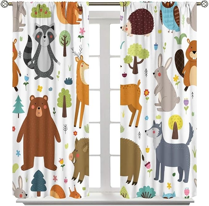 Forest Animals Kids Blackout Curtains Cartoon Cute Bear Deer Squirrel Owl Hedgehog Modern Art Print for Boys Girls Bedroom Living Room Nursery Rod Pocket Decoration Window Drapes 2 Panels W27.5xL63in
