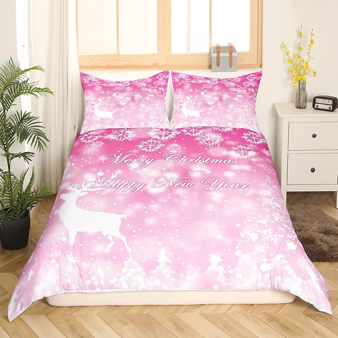 Manfei Christmas Pink Duvet Cover Set Full Size, Xmas Trees Deer Snowflake Bedding Set 3pcs for Kids Girls, New Year Theme Comforter Cover Soft Polyester Quilt Cover with 2 Pillowcases,No Comforter