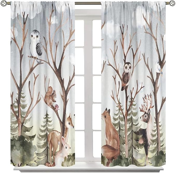 Forest Curtains, Cartoon Woodland Animals Tree Birds Moose Rabbit Mushroom Print Pattern Kids Bedroom Window Treatments Curtains 42x63in, Style-8