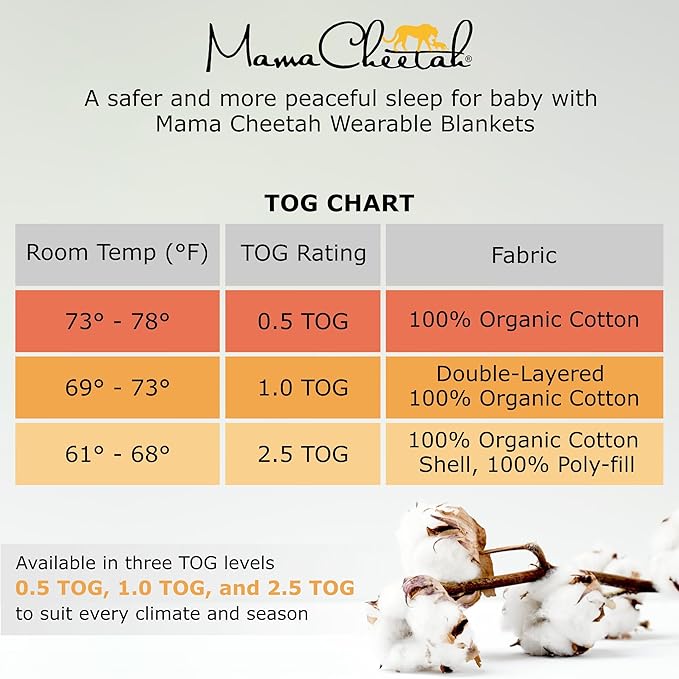Mama Cheetah Toddler Sleep Sack with Feet 4T-5T, 1.0 TOG Organic Cotton Baby Wearable Blankets with Legs, Baby Sleeping Bag for Walkers, Early Walker X-Large
