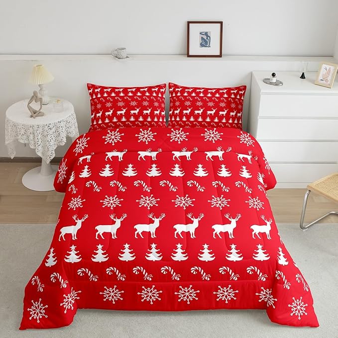 Erosebridal Christmas Twin Bedding Set 7 Piece,Xmas Elk Deer Bed in A Bag,Winter Snowflake Comforter Set Candy Pine Tree Sheet Set with Comforter,Red Christmas Decoration