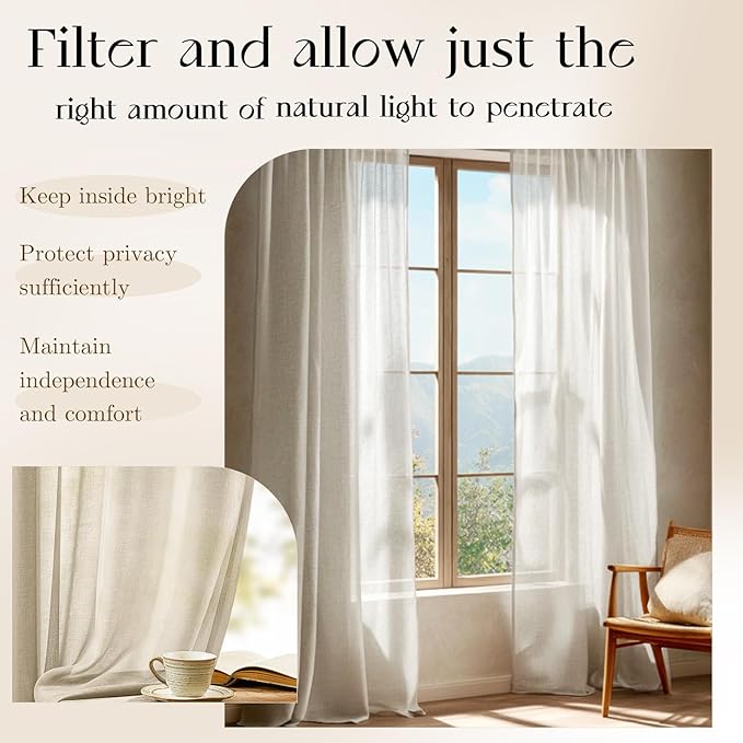 Dreaming Casa Taupe Sheer Curtains 84 Inches Long, Rod Pocket & Back Tab Light Filtering Textured Sheers for Living Room Bedroom, 2 Panels, Each 52" W x 84" L