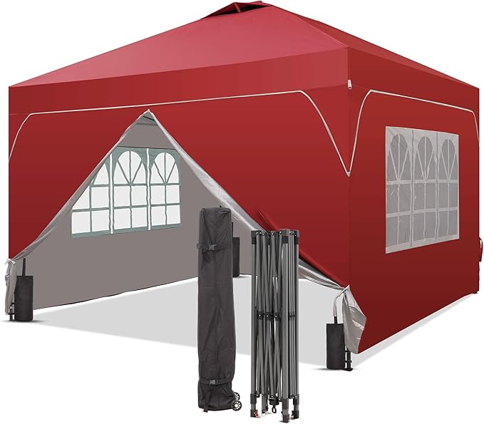 GDY 12x12FT Pop Up Canopy Tent with One Push Setup, Easy to Install with 4-Sidewalls for Events, Parties, Camping, Outdoor Gazebo with 4-Sandbags, Red.
